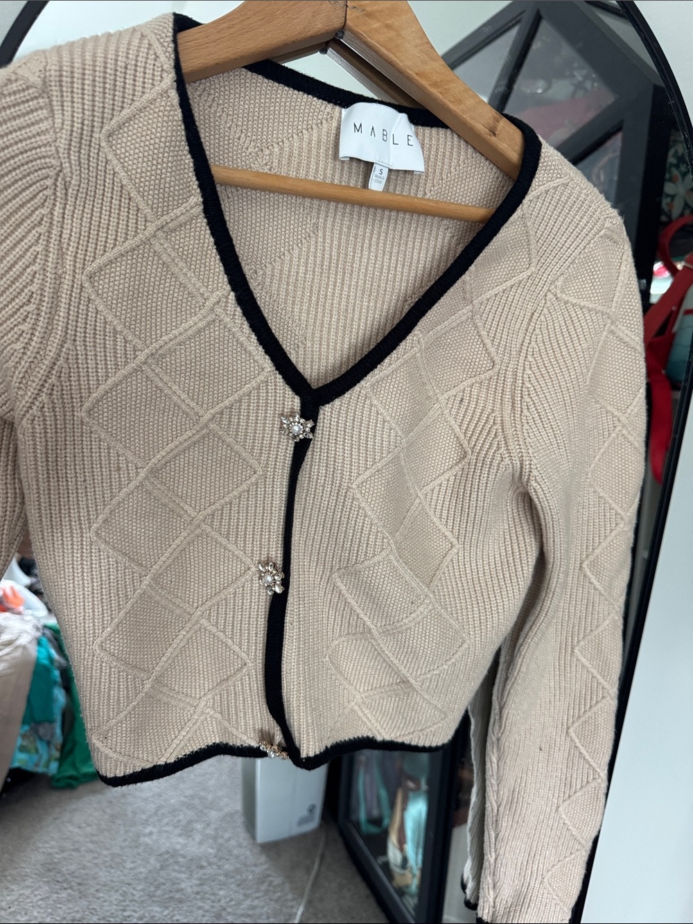 MARBLE Beige Knit V‑Neck Cardigan with Black Trim and Jeweled Buttons